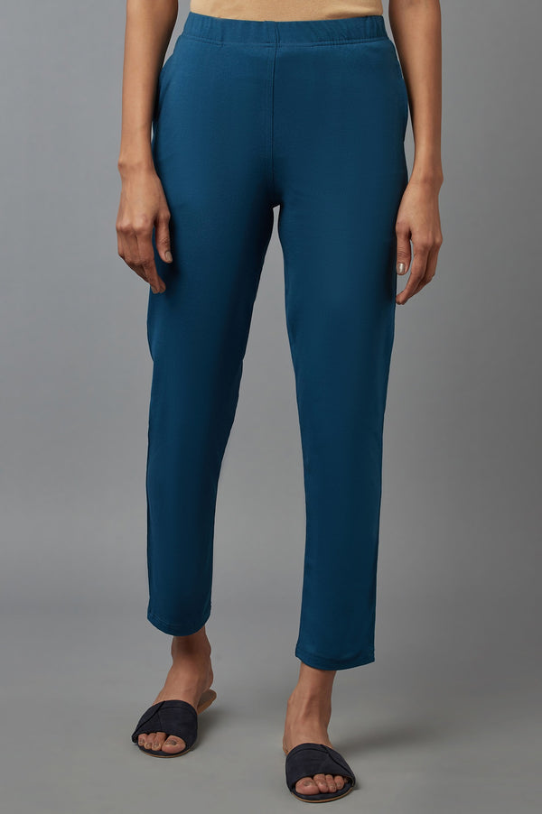 Blue Solid Flared Cotton Pants With Elasticated Waist