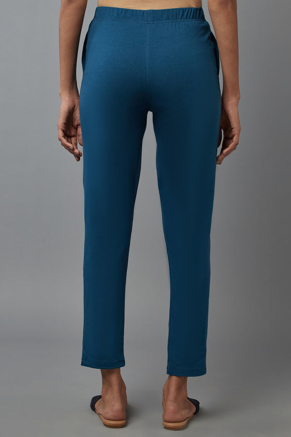 Blue Solid Flared Cotton Pants With Elasticated Waist