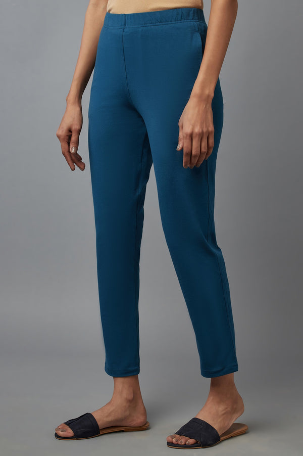Blue Solid Flared Cotton Pants With Elasticated Waist