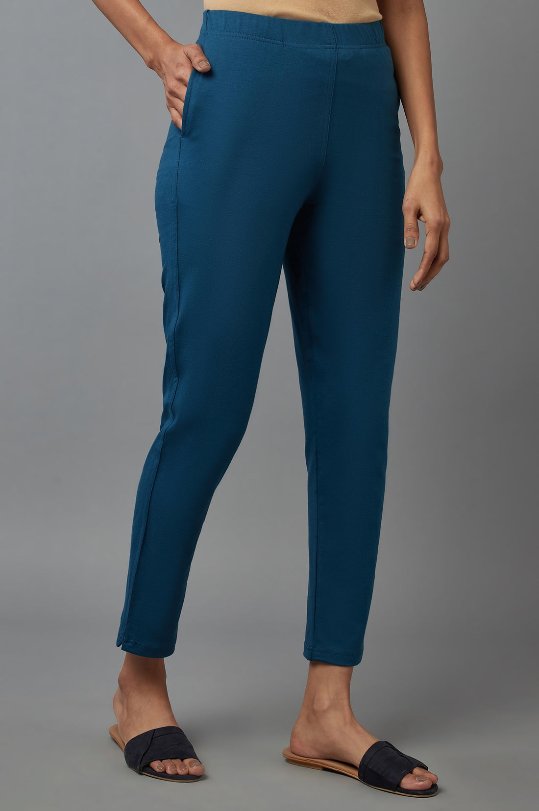 Blue Solid Flared Cotton Pants With Elasticated Waist