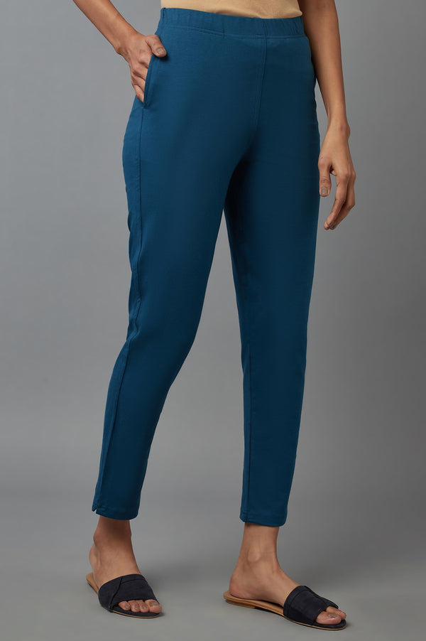 Blue Solid Flared Cotton Pants With Elasticated Waist