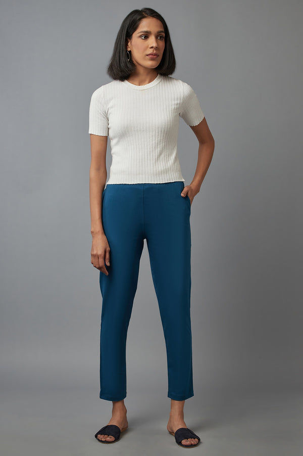 Blue Solid Flared Cotton Pants With Elasticated Waist
