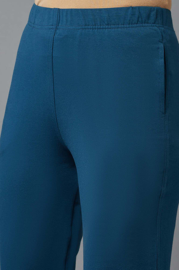Blue Solid Flared Cotton Pants With Elasticated Waist