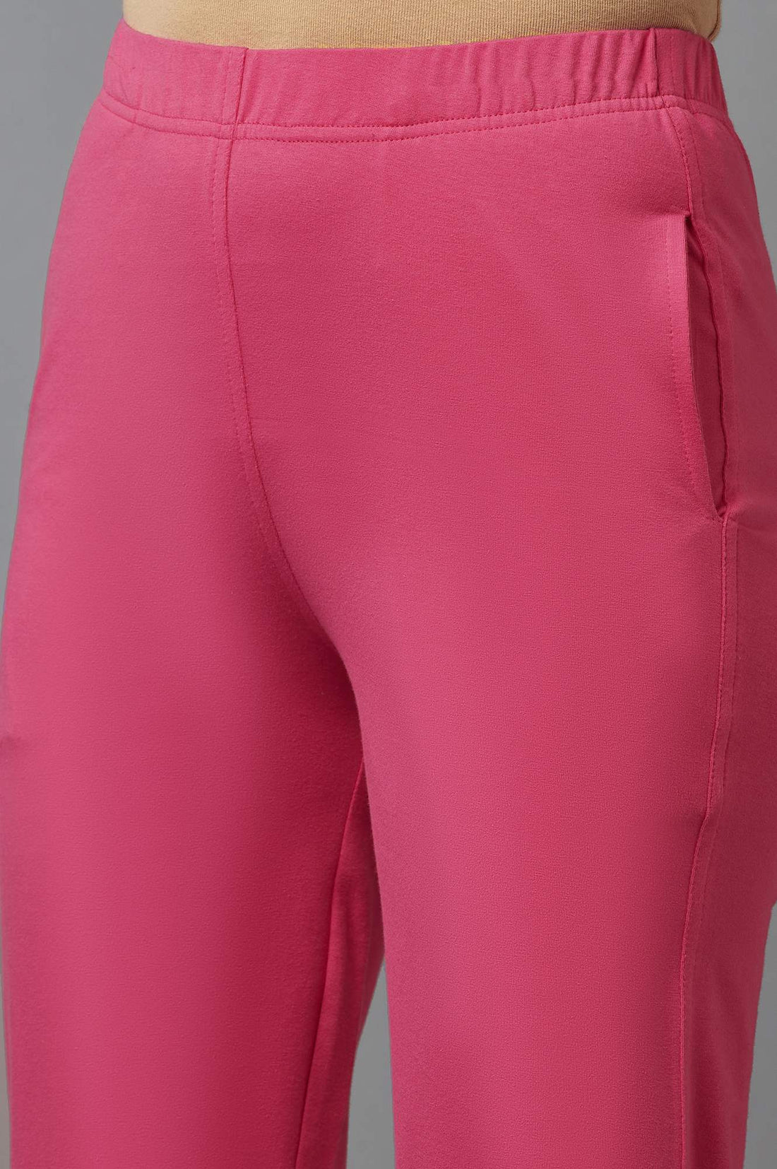 Pink Solid Flared Cotton Pants With Elasticated Waist