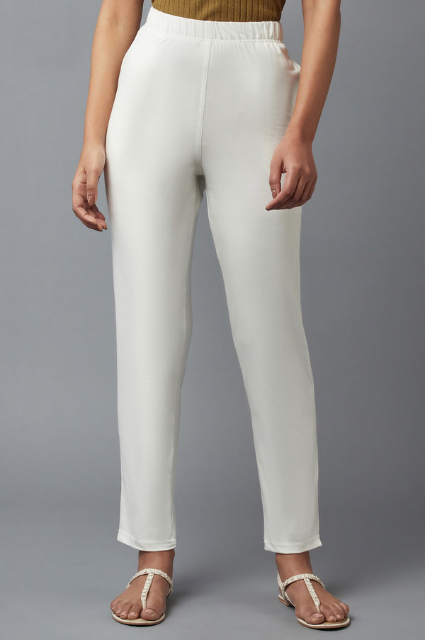 White Solid Flared Cotton Pants With Elasticated Waist