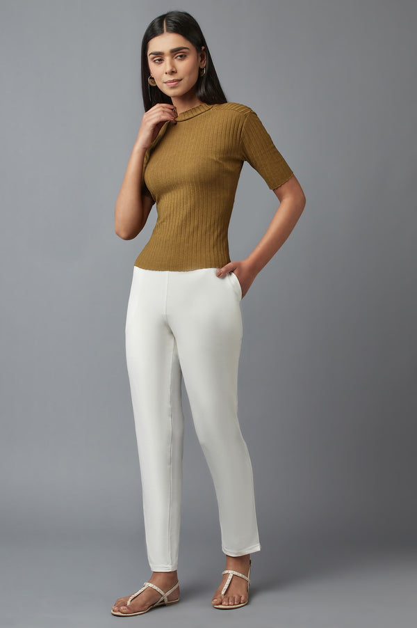White Solid Flared Cotton Pants With Elasticated Waist