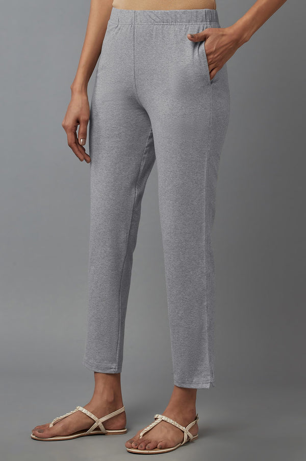 Grey Solid Regular Fit Cotton Pants With Elasticated Waist