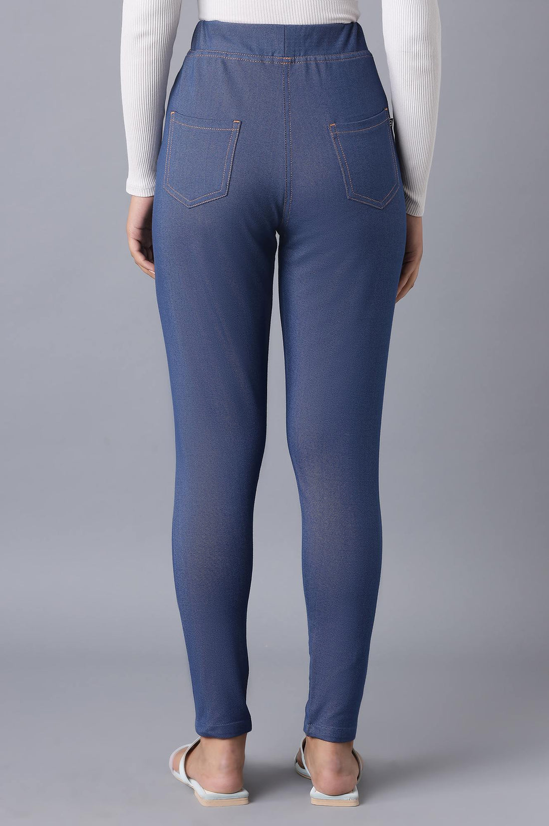 Blue Solid Skinny Fit Cotton Jeggings With Elasticated Waist