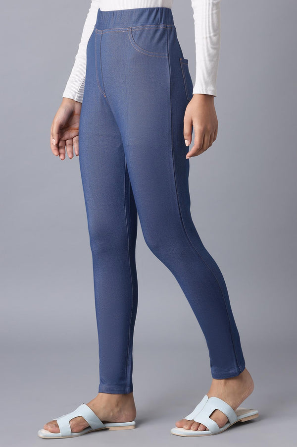 Blue Solid Skinny Fit Cotton Jeggings With Elasticated Waist
