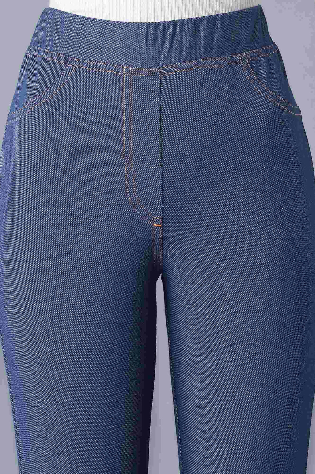 Blue Solid Skinny Fit Cotton Jeggings With Elasticated Waist