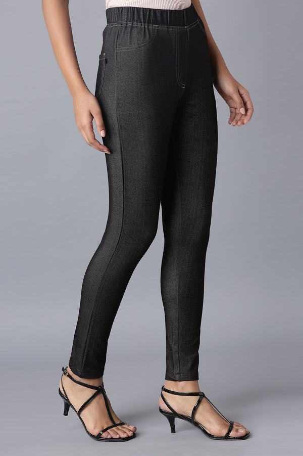 Black Solid Skinny Fit Cotton Jeggings With Elasticated Waist