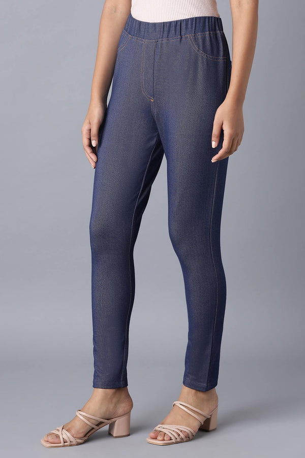 Navy Blue Solid Skinny Fit Cotton Jeggings With Elasticated Waist