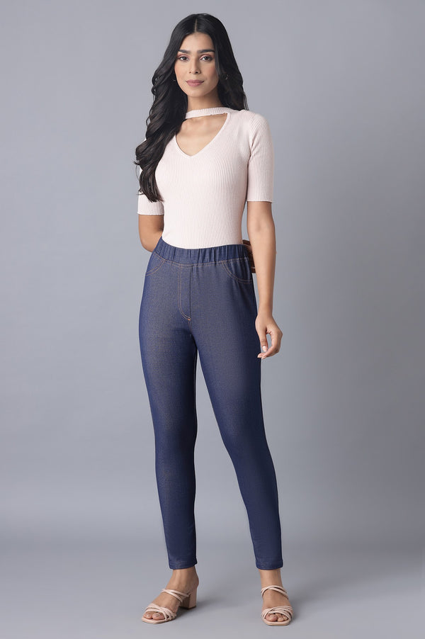 Navy Blue Solid Skinny Fit Cotton Jeggings With Elasticated Waist