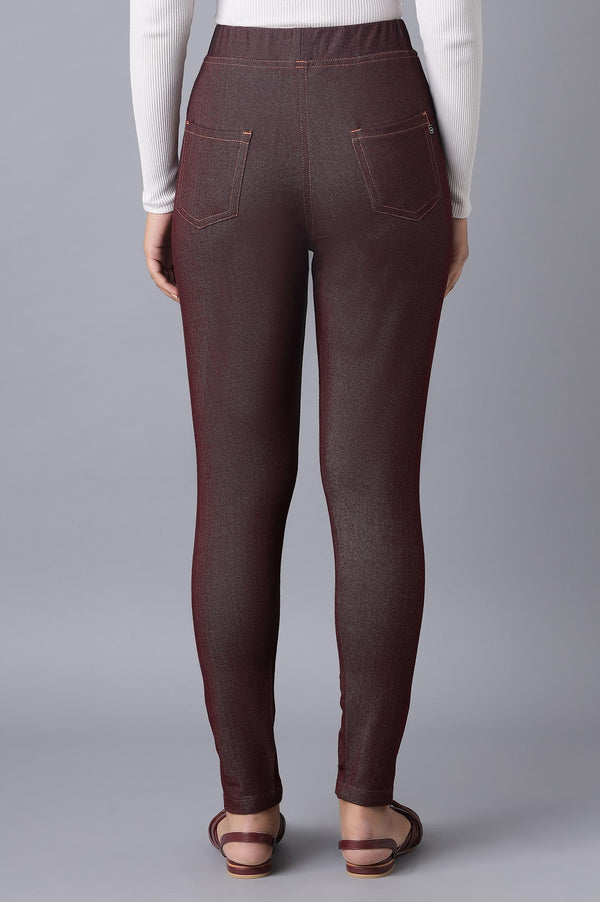 Maroon Solid Skinny Fit Cotton Jeggings With Elasticated Waist