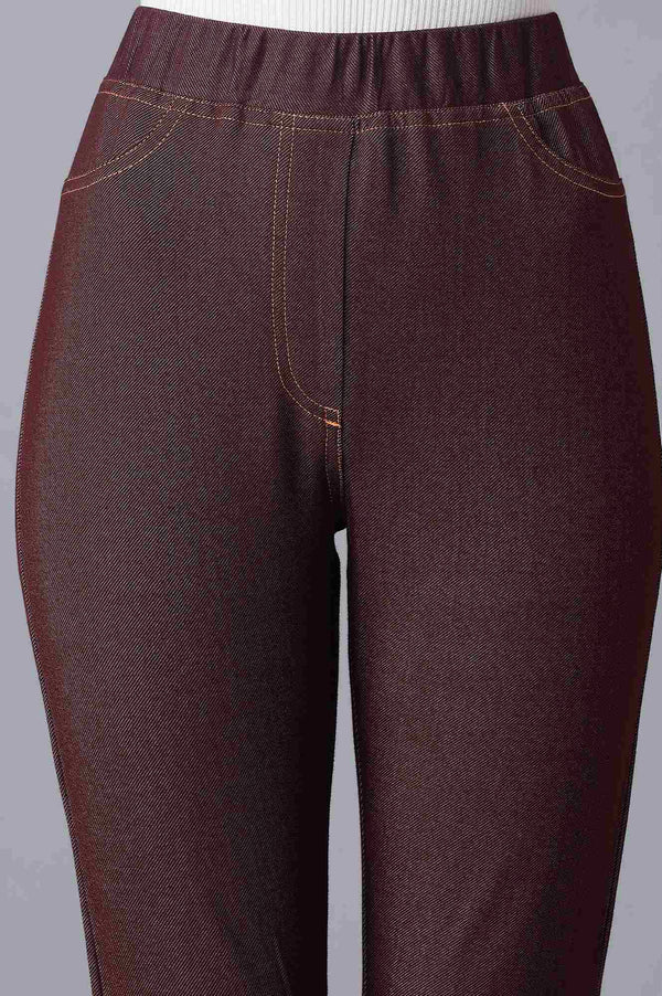 Maroon Solid Skinny Fit Cotton Jeggings With Elasticated Waist