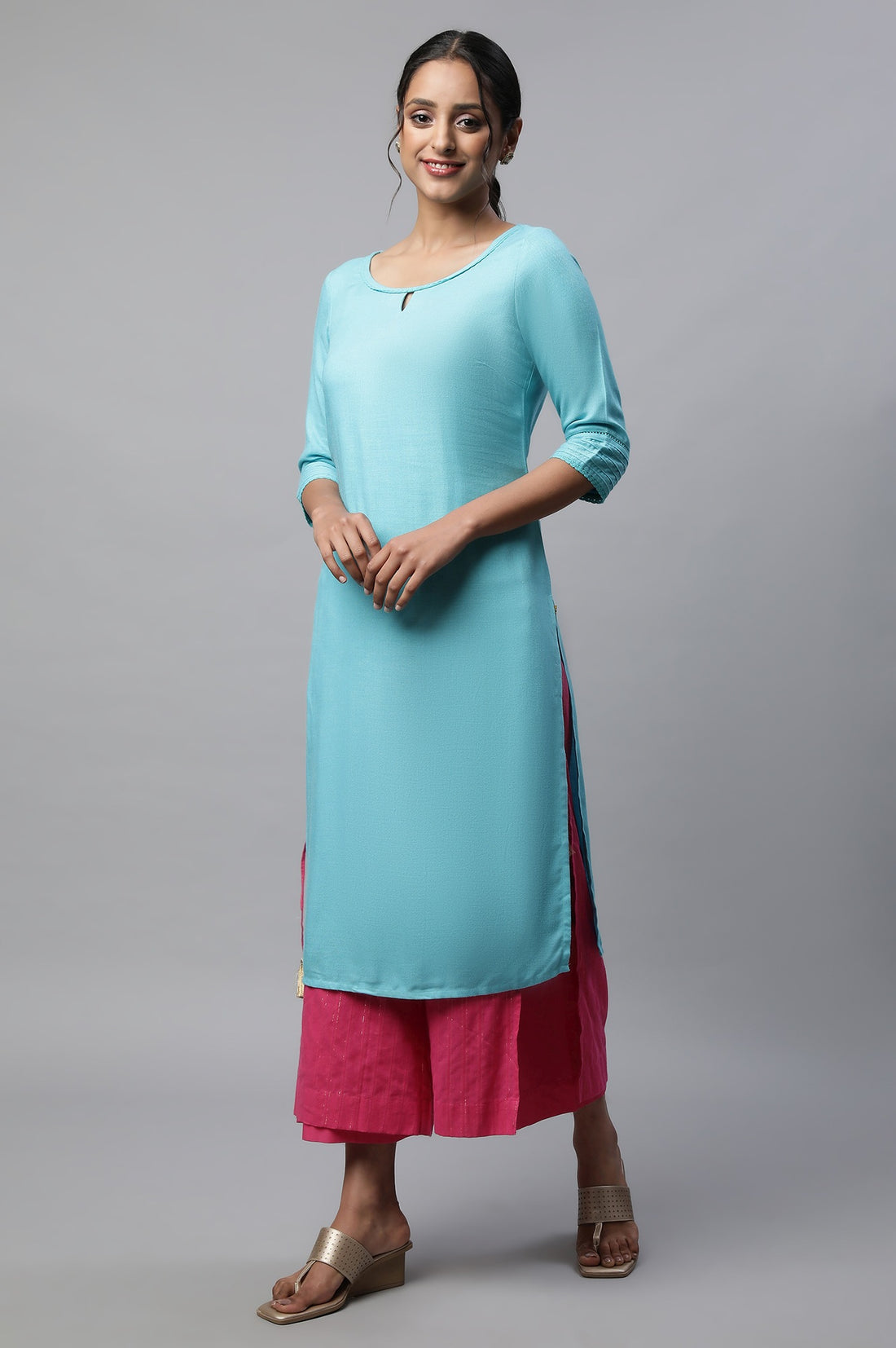 Pink Textured Straight Fit Cotton Palazzo With Drawstring Waist