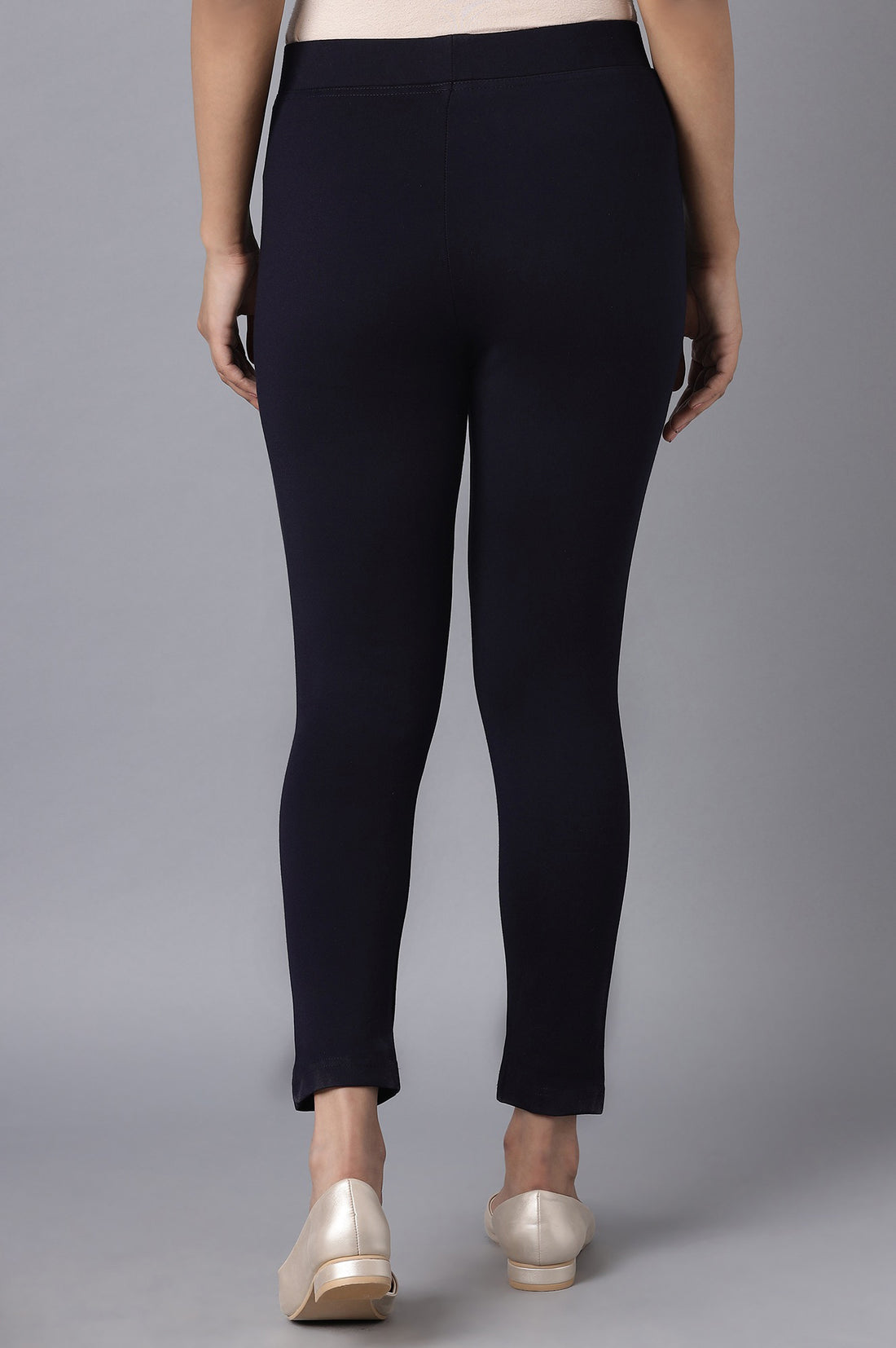 Navy Blue Solid Straight Fit Tights With Elasticated Waist