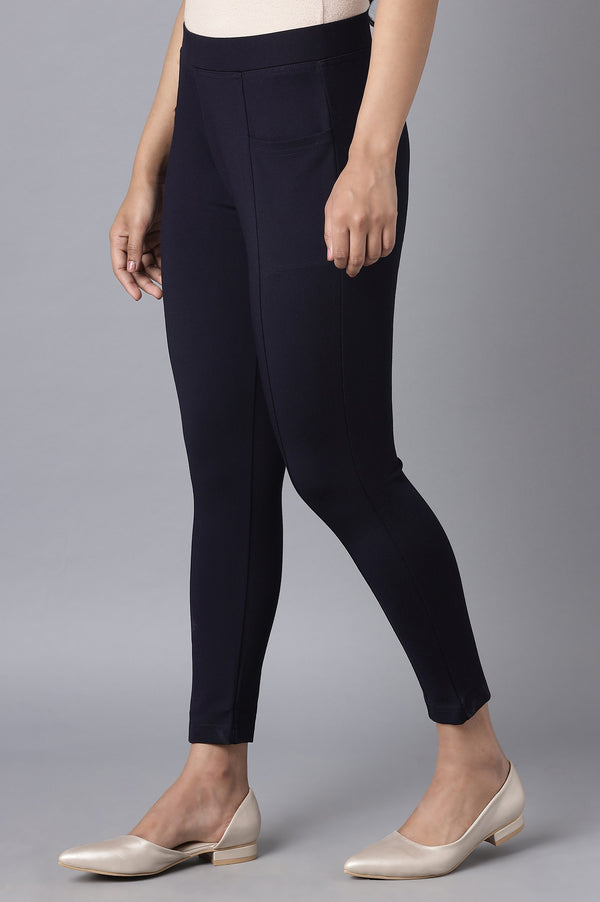 Navy Blue Solid Straight Fit Tights With Elasticated Waist