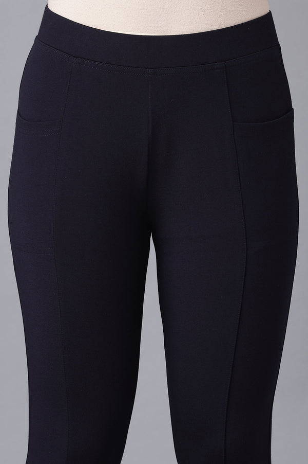 Navy Blue Solid Straight Fit Tights With Elasticated Waist