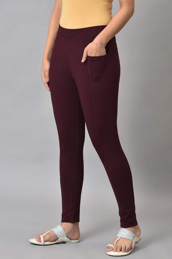 Maroon Solid Skinny Fit Yoga Tights With Elasticated Waistband