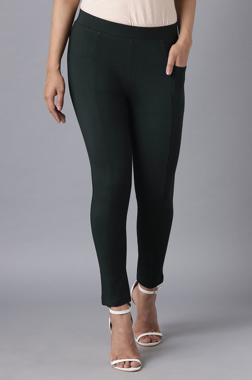 Buy Dark Green Solid Straight Fit Tights With Elasticated Waist