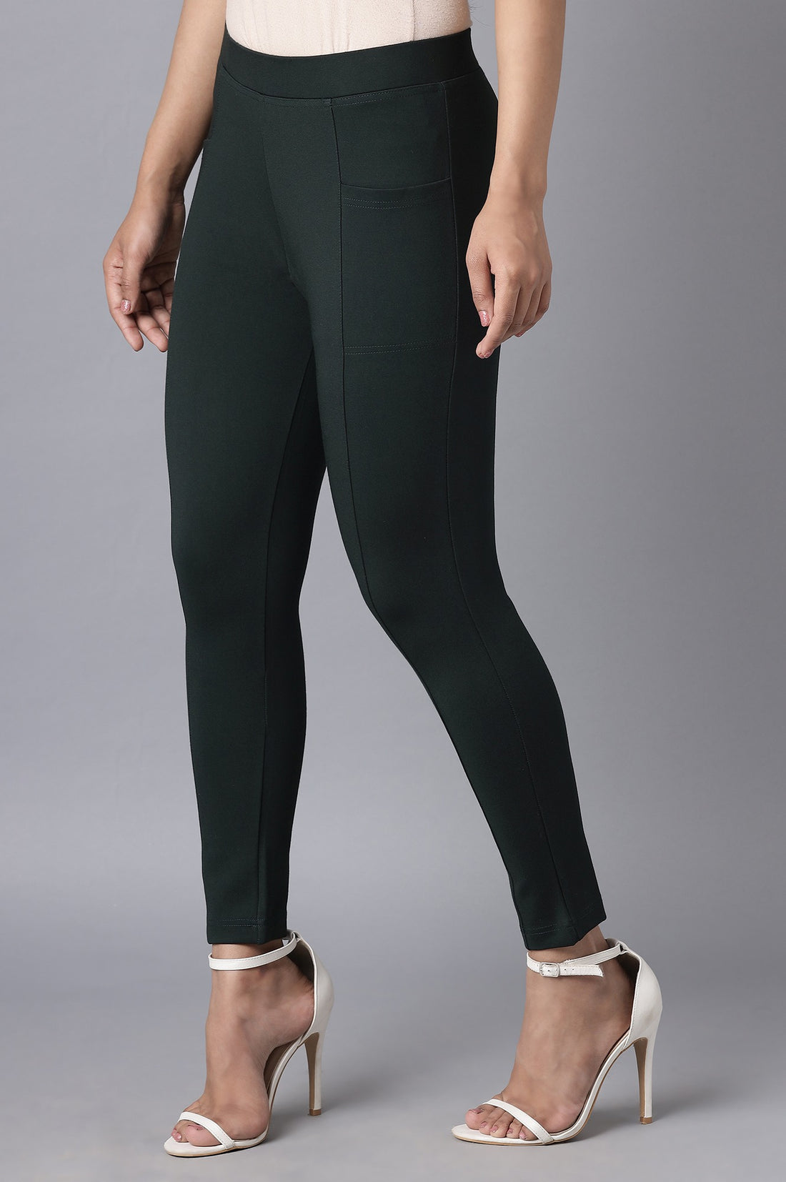 Dark Green Solid Straight Fit Tights With Elasticated Waist