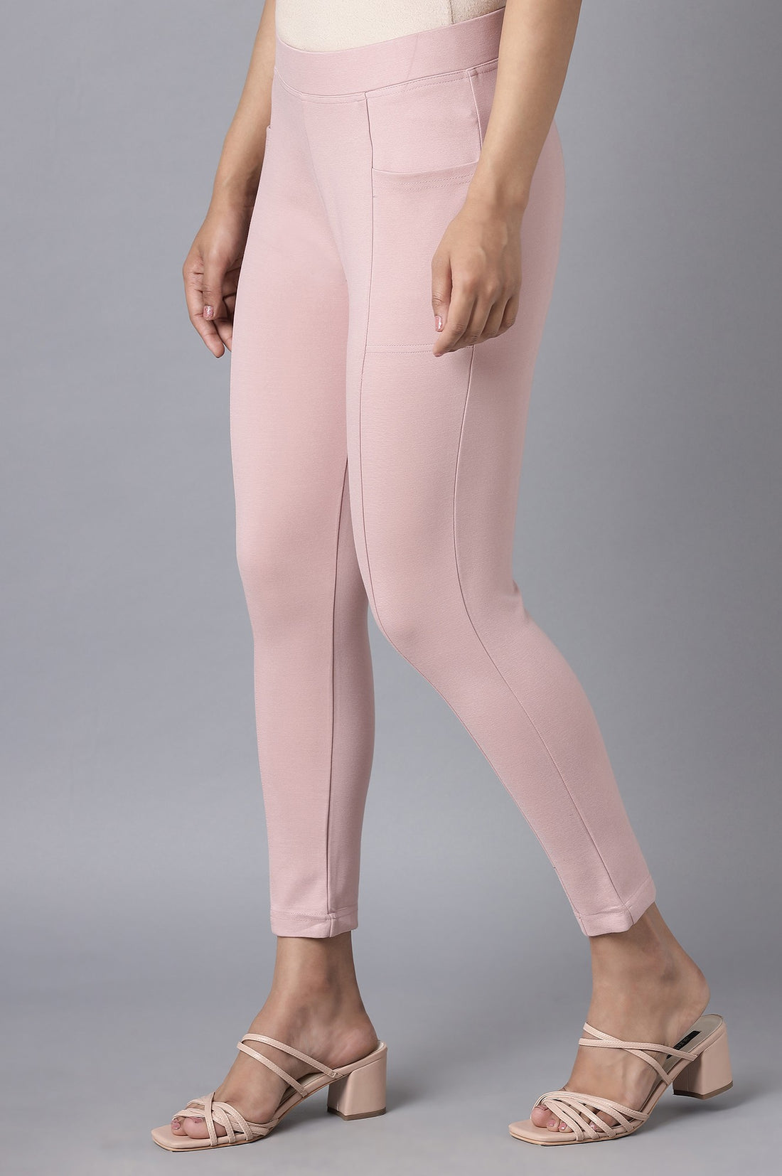 Pink Solid Straight Fit Tights With Elasticated Waist