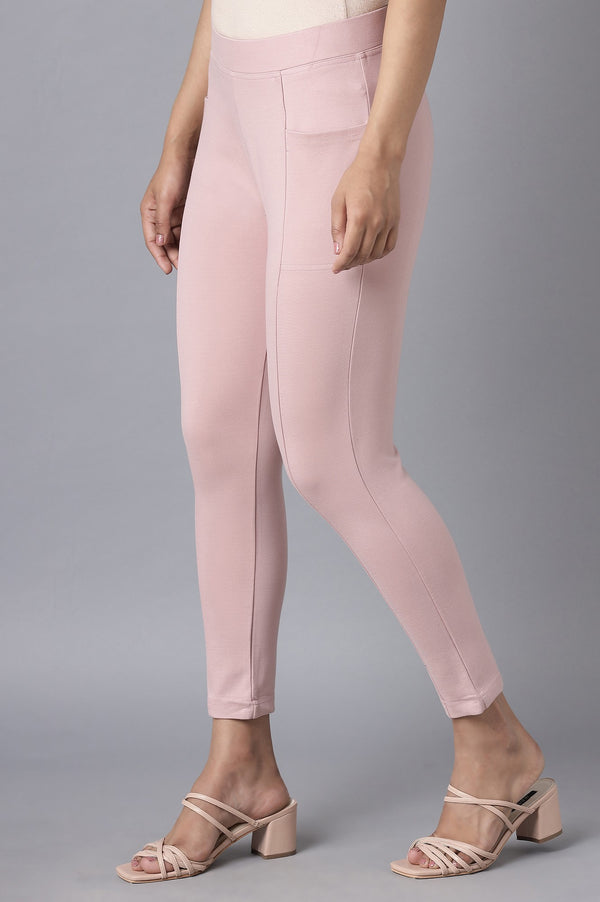 Pink Solid Straight Fit Tights With Elasticated Waist