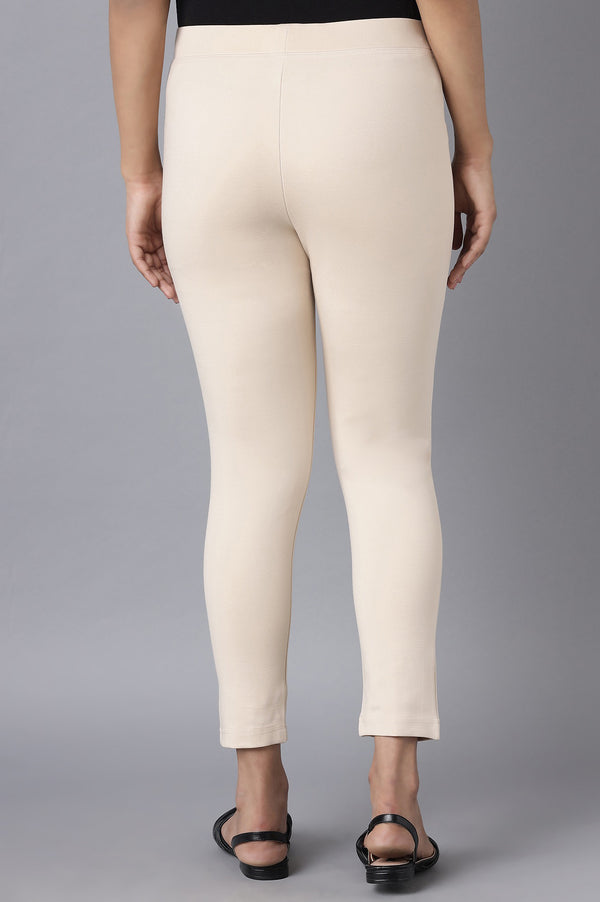 Beige Solid Straight Fit Pants With Elasticated Waist