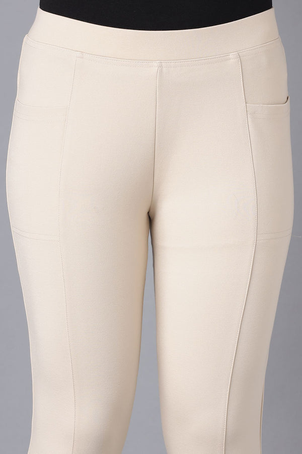 Beige Solid Straight Fit Pants With Elasticated Waist