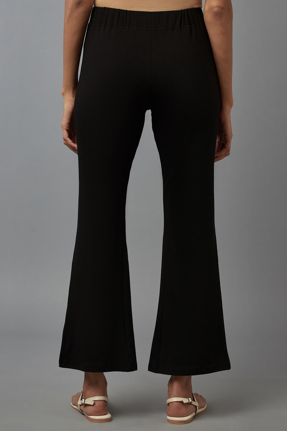 Black Solid Flared Cotton Pants With Slip On Closure