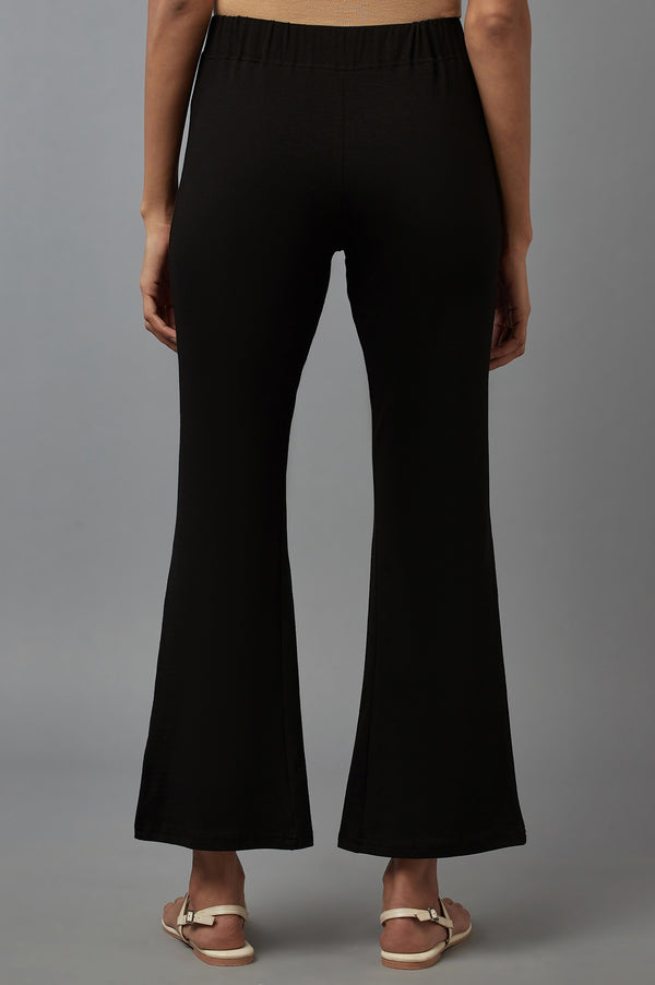 Black Solid Flared Cotton Pants With Slip On Closure