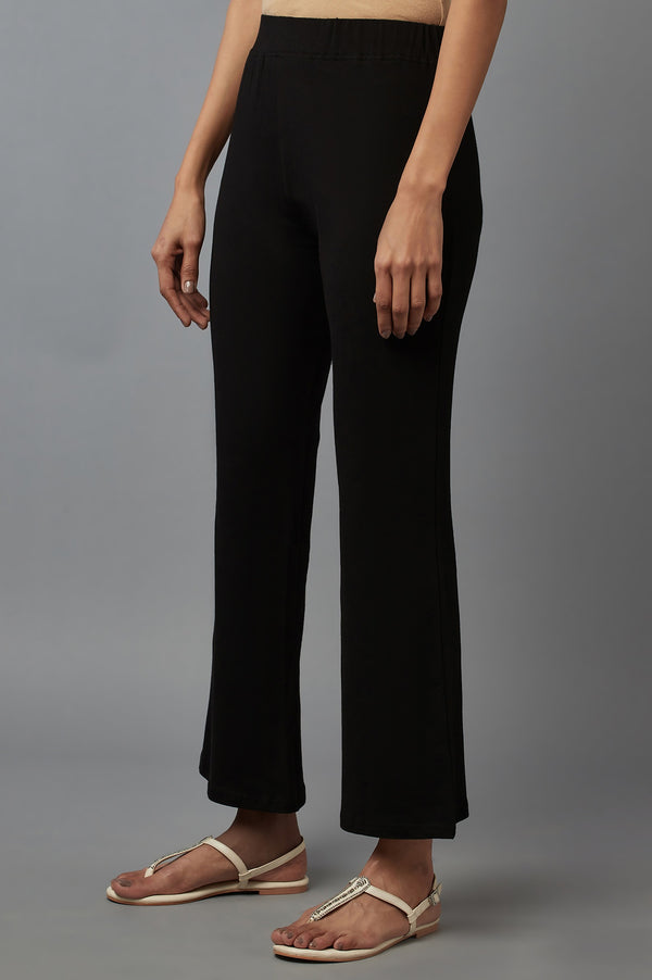 Black Solid Flared Cotton Pants With Slip On Closure