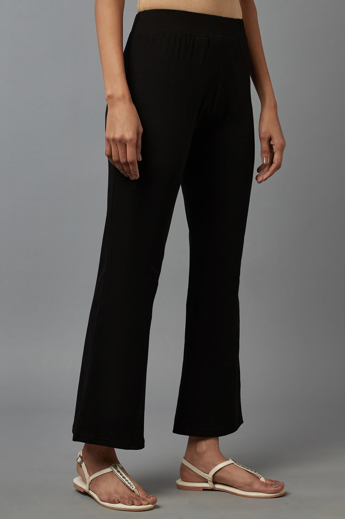 Black Solid Flared Cotton Pants With Slip On Closure