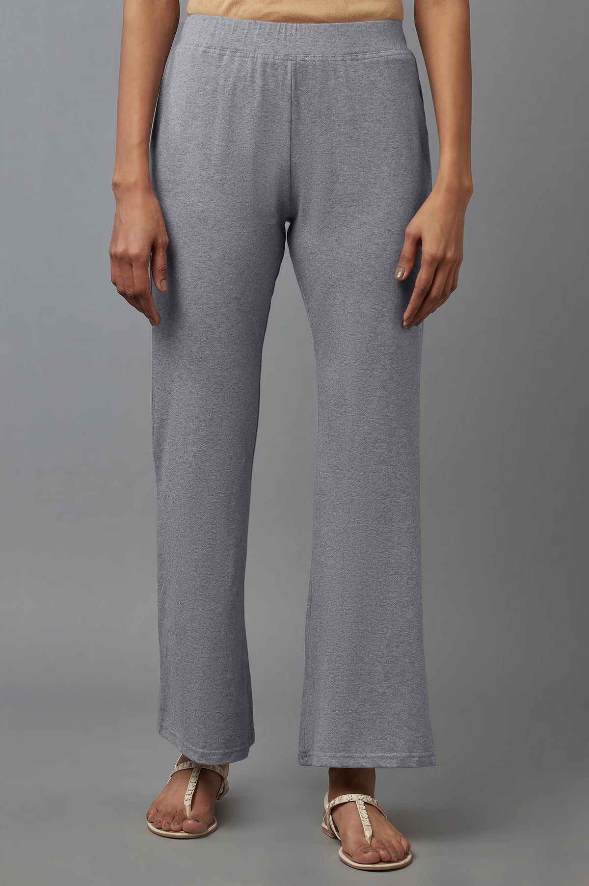 Elleven Women's Grey Solid Flared Cotton Pants With Slip On Closure - S