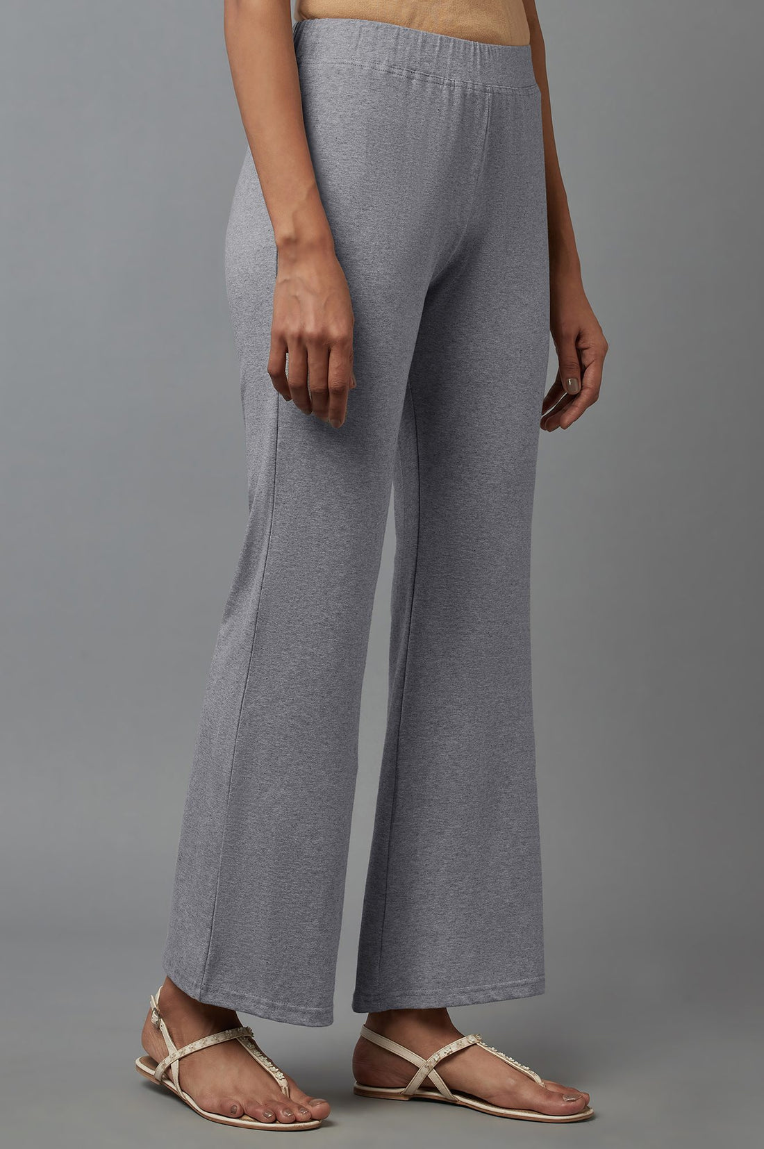 Grey Solid Flared Cotton Pants With Slip On Closure