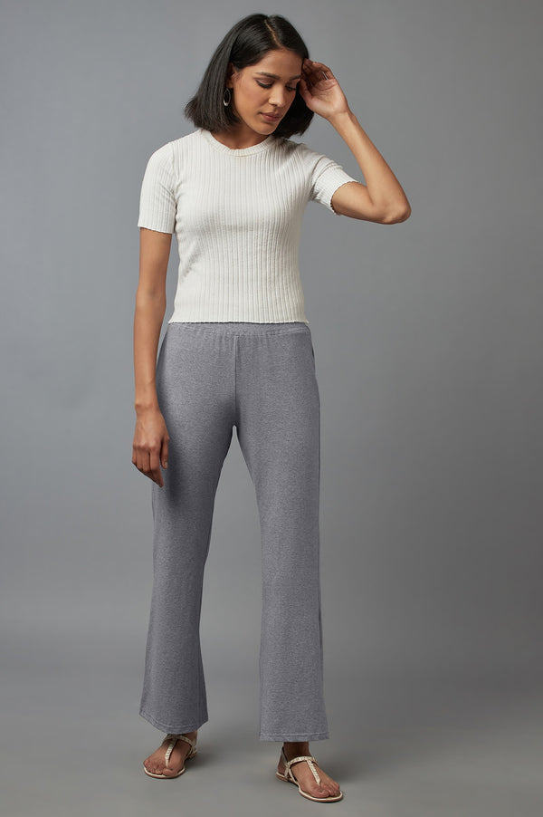 Grey Solid Flared Cotton Pants With Slip On Closure
