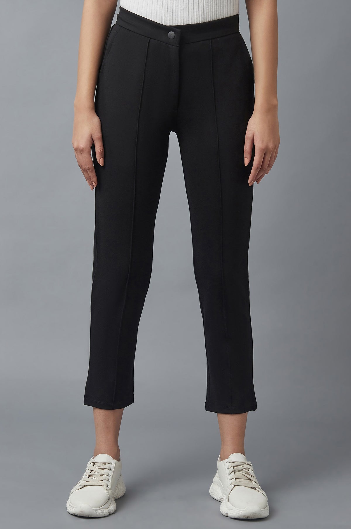 Elleven Women's Black Solid Straight Fit Trousers With Pintuck Detail - S