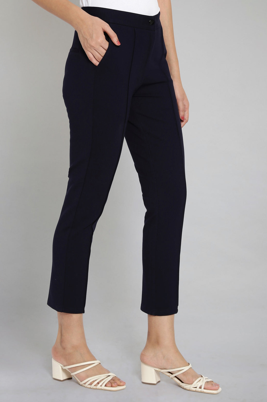 Navy Blue Solid Straight Fit Trousers With Pintuck Detail