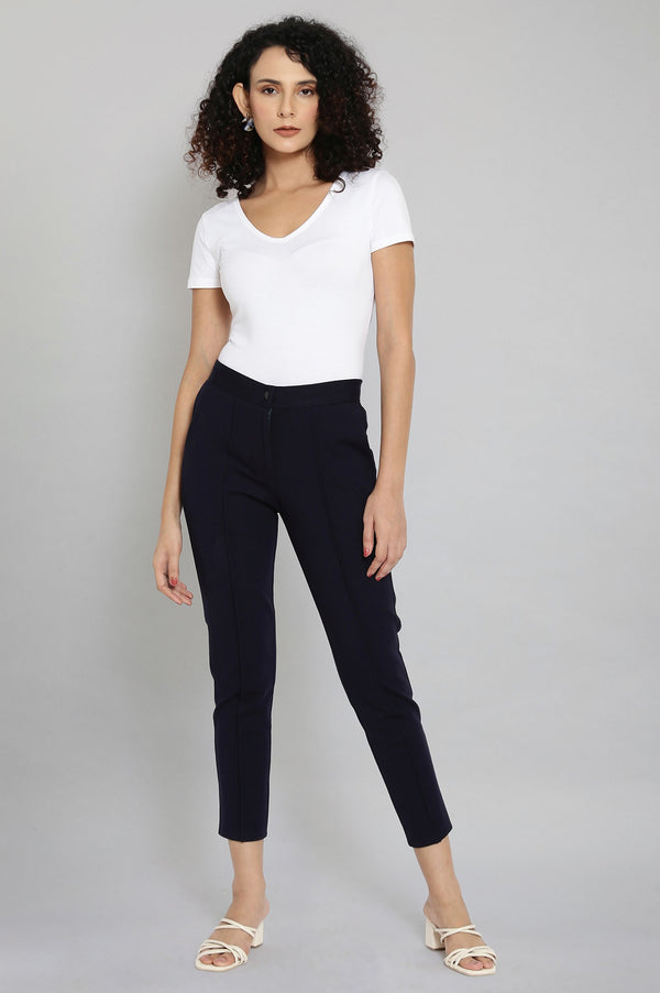 Navy Blue Solid Straight Fit Trousers With Pintuck Detail