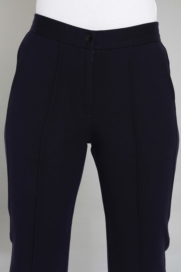 Navy Blue Solid Straight Fit Trousers With Pintuck Detail