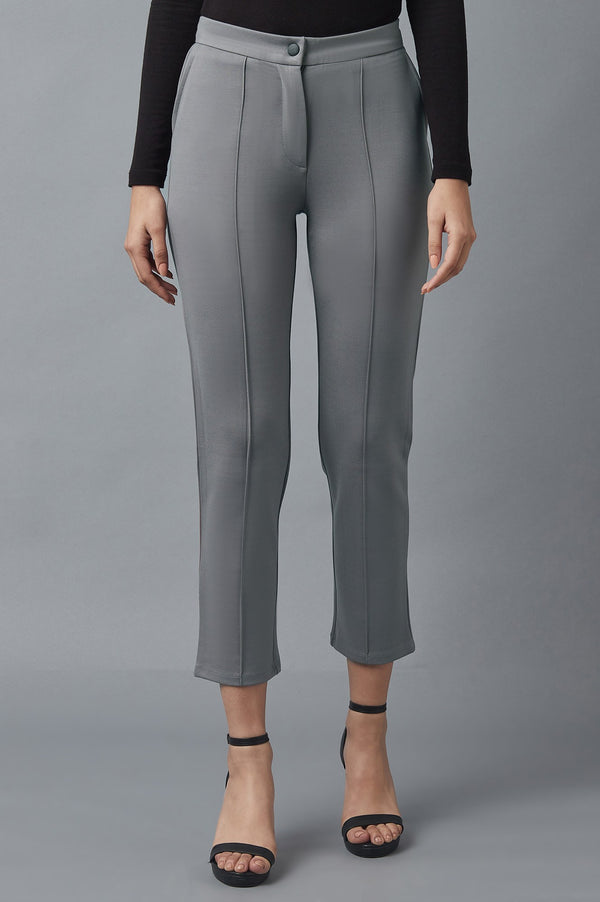 Grey Solid Straight Fit Trousers With Pintuck Detail