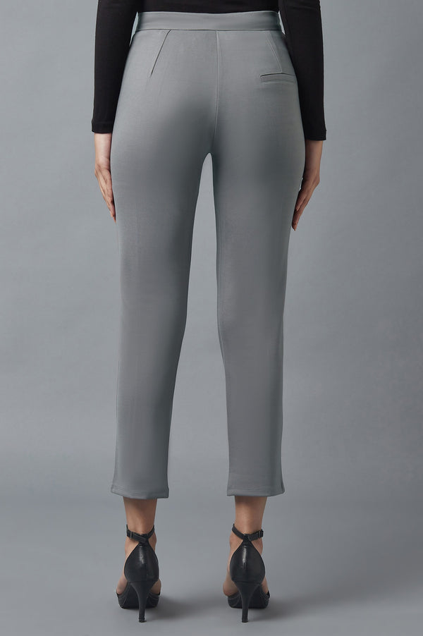 Grey Solid Straight Fit Trousers With Pintuck Detail
