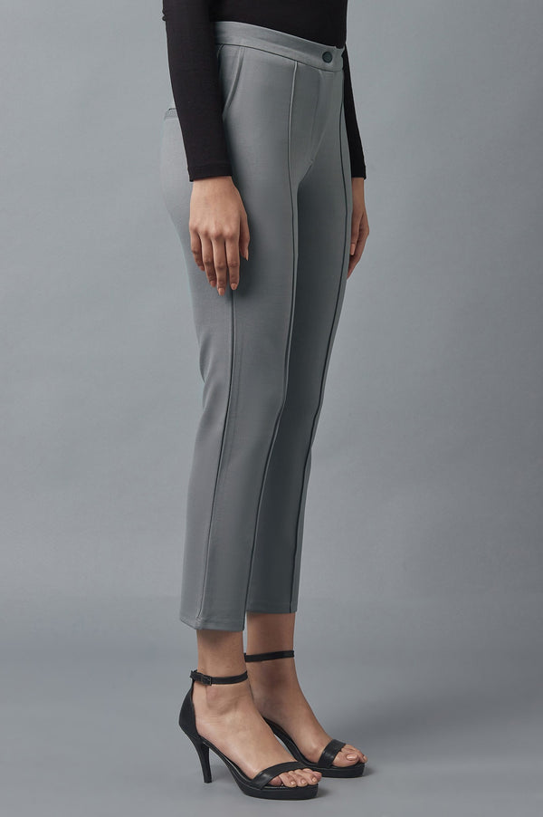 Grey Solid Straight Fit Trousers With Pintuck Detail