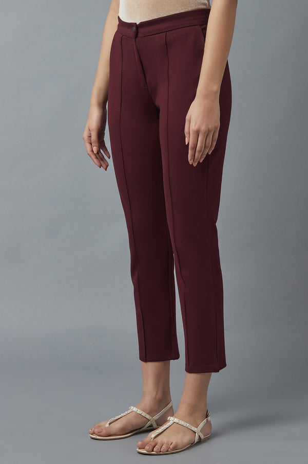 Maroon Solid Straight Fit Trousers With Pintuck Detail