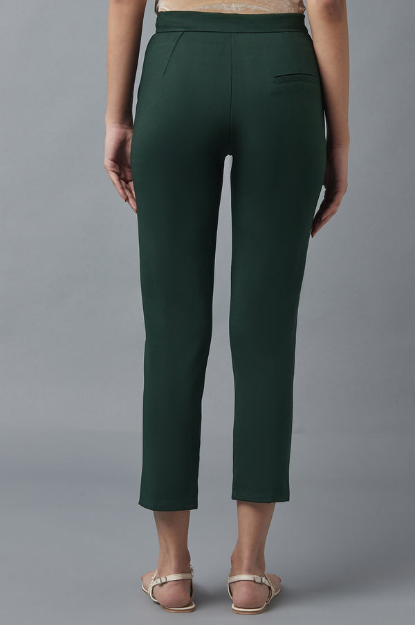 Bottle Green Solid Straight Fit Trousers With Pintuck Detail