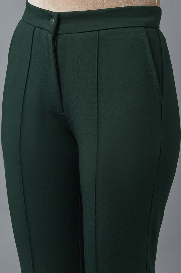 Bottle Green Solid Straight Fit Trousers With Pintuck Detail