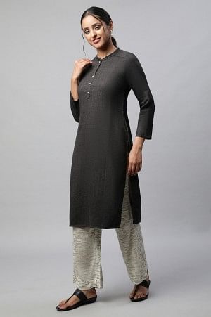 Grey Solid Straight Fit Palazzo With Elasticated Waist