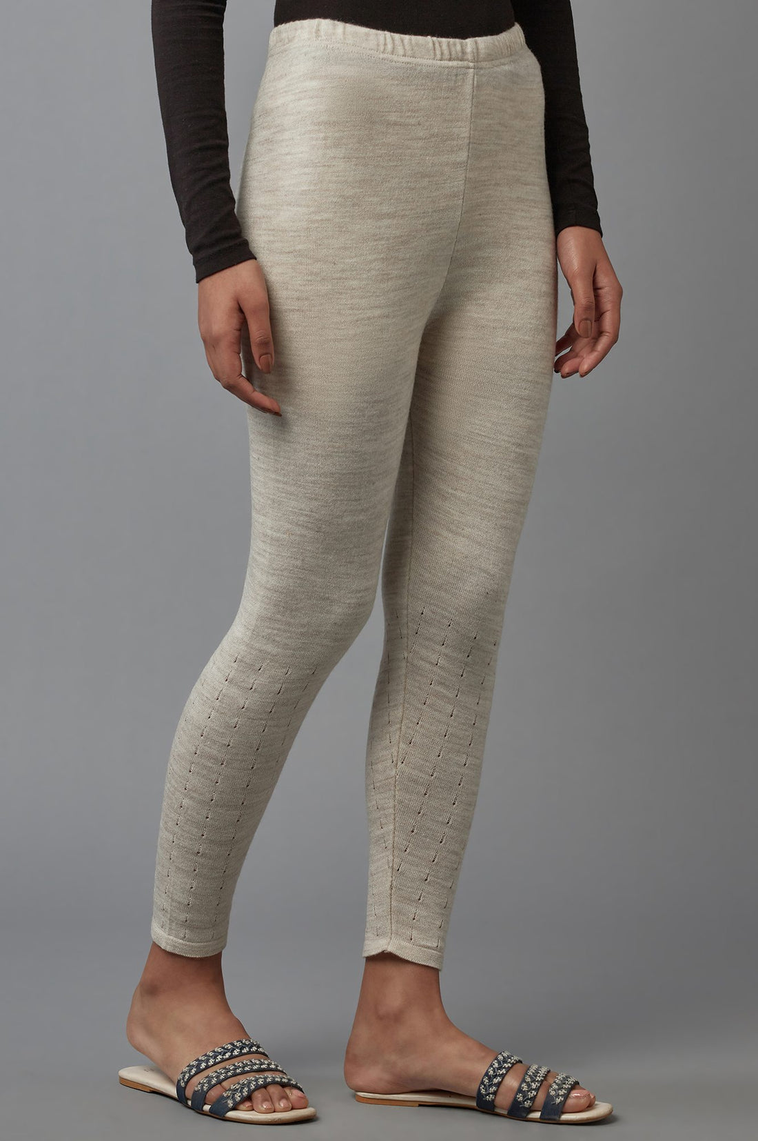 Beige Solid Straight Fit Acrylic Palazzo With Elasticated Waist