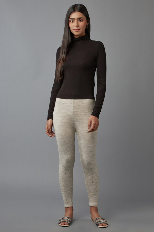 Beige Solid Straight Fit Acrylic Palazzo With Elasticated Waist